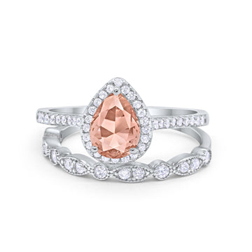 Teardrop Bridal Piece Wedding Ring Simulated Morganite CZ Art Deco Band 925 Sterling Silver